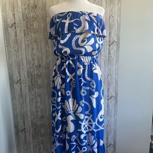 Lilly Pulitzer Dock Hopper Blue and White Off-Shoulder Nautical  Maxi Dress Med